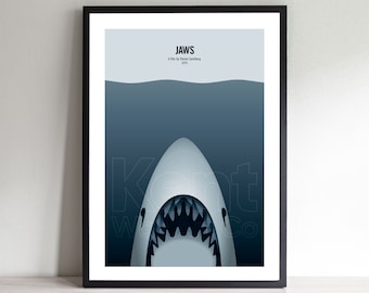 Jaws minimalist muted movie poster, classic Steven Spielberg retro designer wall art movie print