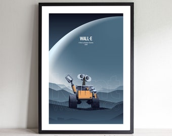 Puede incluir: Un póster minimalista con una ilustración estilizada de WALL-E, el robot de la película de Pixar WALL-E, de pie en un planeta polvoriento y gris. El póster tiene un fondo degradado azul y gris con un gran planeta blanco en el fondo. El texto "WALL-E" está impreso en blanco en la parte superior del póster, junto con el texto "Una película de Andrew Stanton 2008".