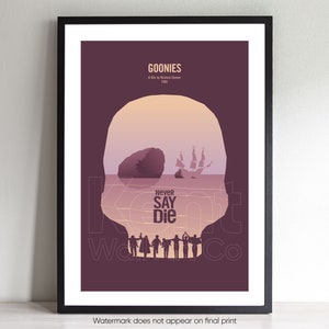 Steven Spielbergs The Goonies minimalistisches illustriertes Filmszene weinrotes Wandkunstfilmplakat