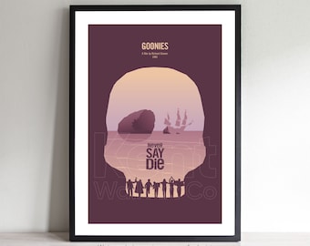 Steven Spielbergs The Goonies minimalistische geïllustreerde filmscène bordeauxrode muurkunst filmposter