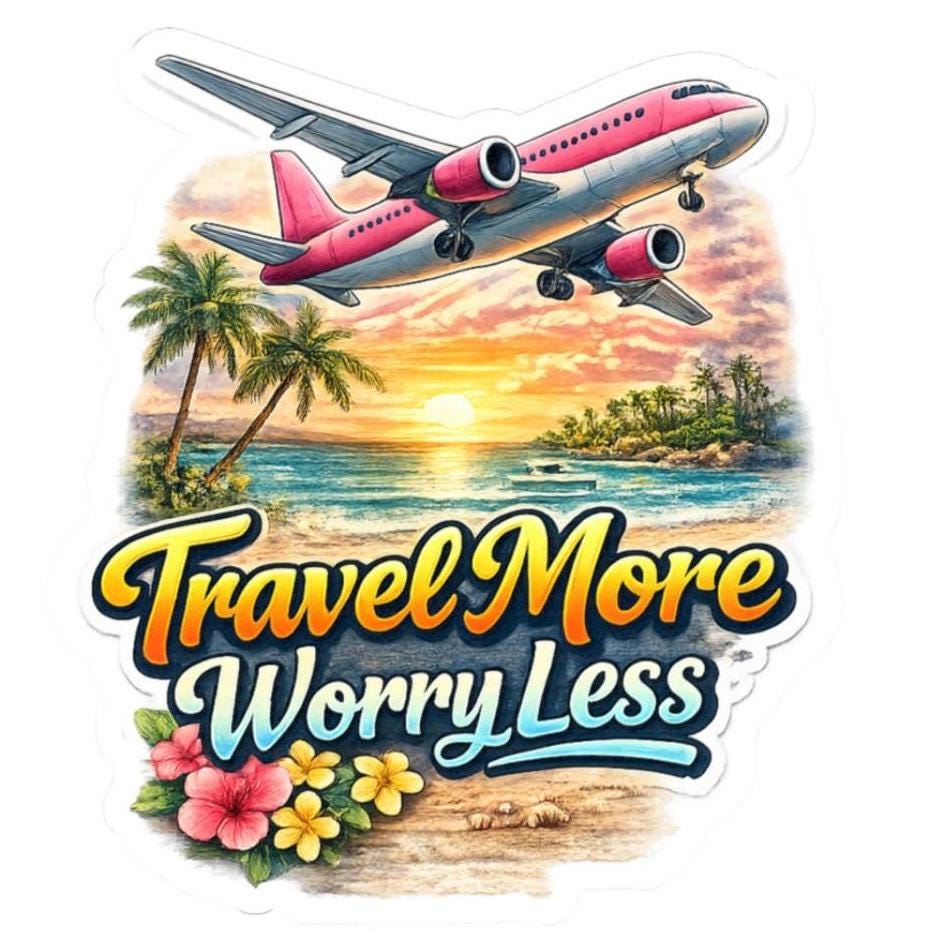 Adesivo Viaggia di più, preoccupati di meno / Adesivo fustellato, design per viaggi in aereo sulla spiaggia