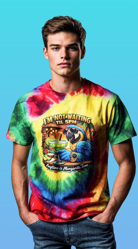 Not Waiting til 5pm Parrot Margarita Drinking Tie-Dye Tee Shirt