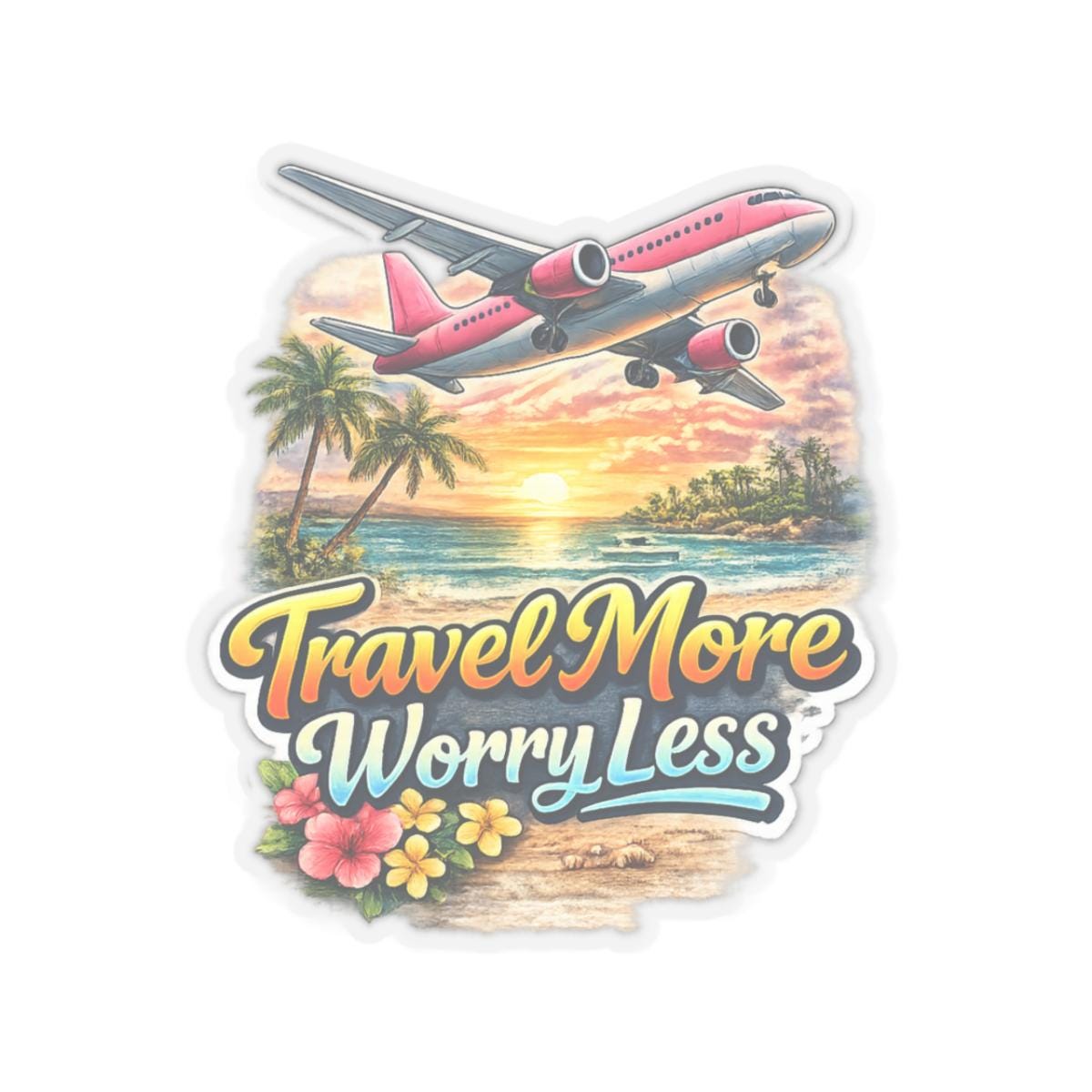 Travel More Worry Less Sticker | Kiss-cut Sticker, Beach Plane Travel ...