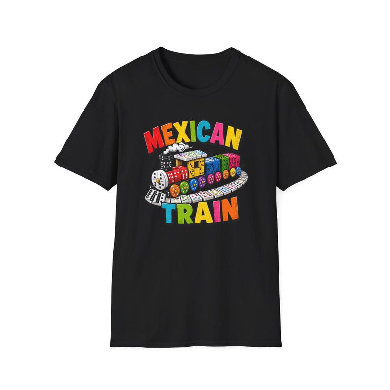 May include: A black short-sleeve t-shirt featuring a graphic of a train made from colorful dominoes on a curved track. The text MEXICAN TRAIN is printed in multi-colored letters above and below the train illustration, which includes red, yellow, blue, and green dominoes.