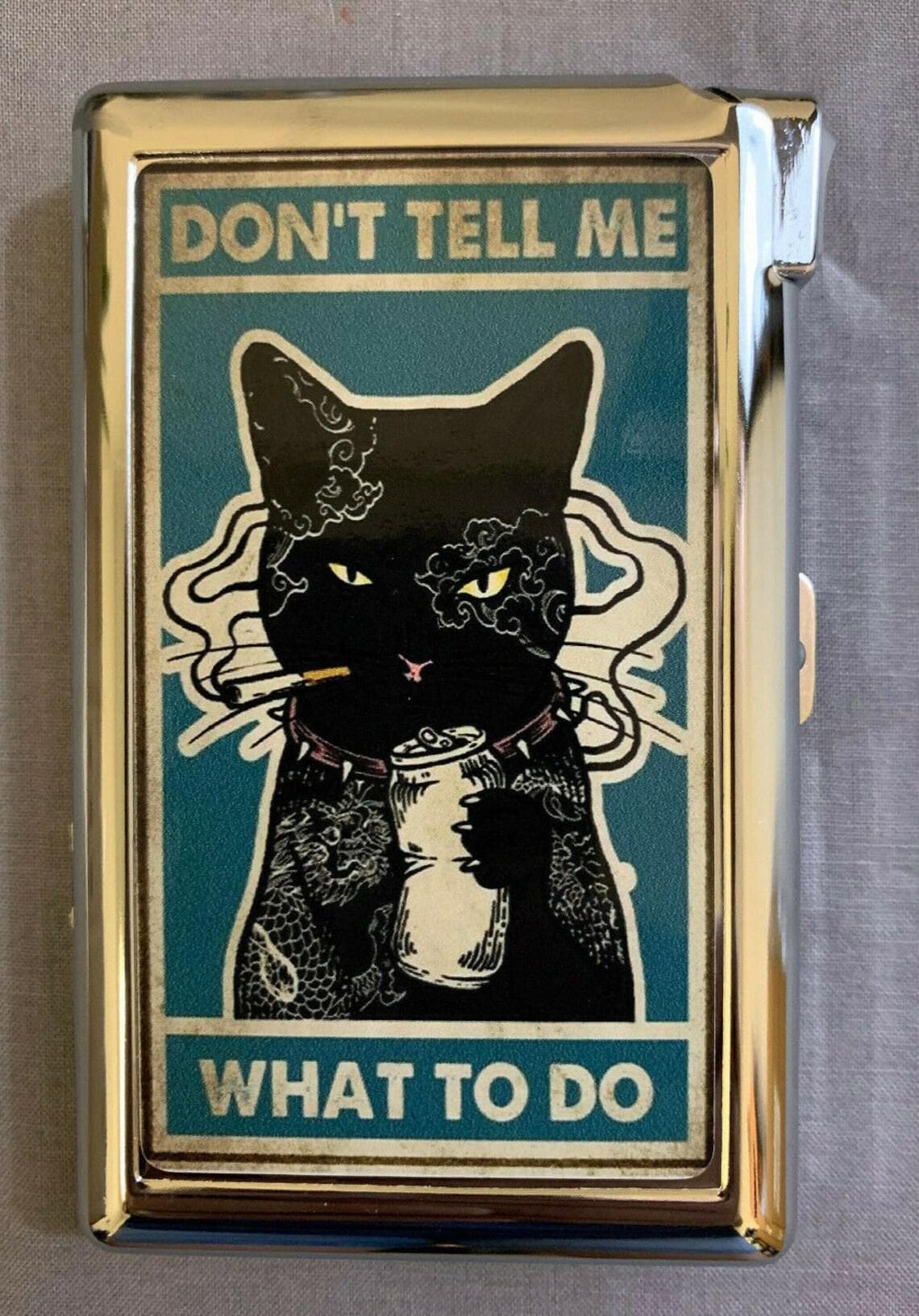 Premium Angry Cat Dont Tell Me What Do Cigarette case W/Built in Butane lighter For Kings & 100's