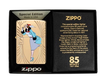 Gorgeous Windy Girl 85th Anniversary Polished Brass Carved Zippo
