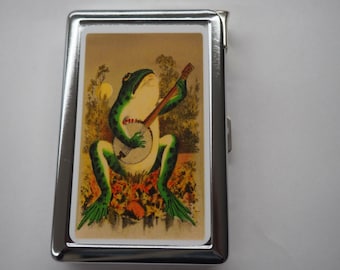 Cigarette Case W/Built In Butane Lighter Frog Playing Banjo