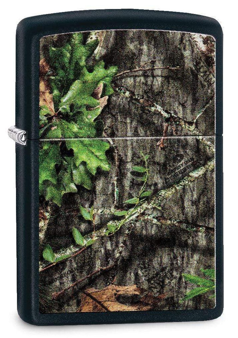 May include: Black lighter with a camouflage pattern featuring green, brown, and white colors. The pattern resembles leaves and branches.