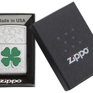 Lucky Clover Design, High Polish Chrome Finish Zippo Lighter