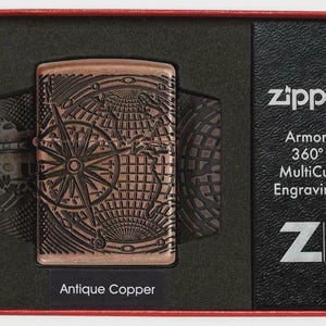 Antique Deep Carved Copper Armor  World Map Zippo Lighter