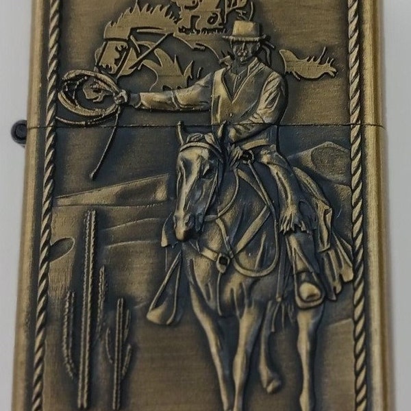Cool Brass Finish Engraved Cowboy Jockey Case Lighter