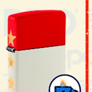 Op de afbeelding: Een rood-witte aansteker met gouden steraccenten. De bovenkant van de aansteker is rood en de onderkant is wit. Gouden sterren staan ​​op de zijkant. Een kleine blauwe cirkel met een aansteker-afbeelding staat in de rechter benedenhoek.