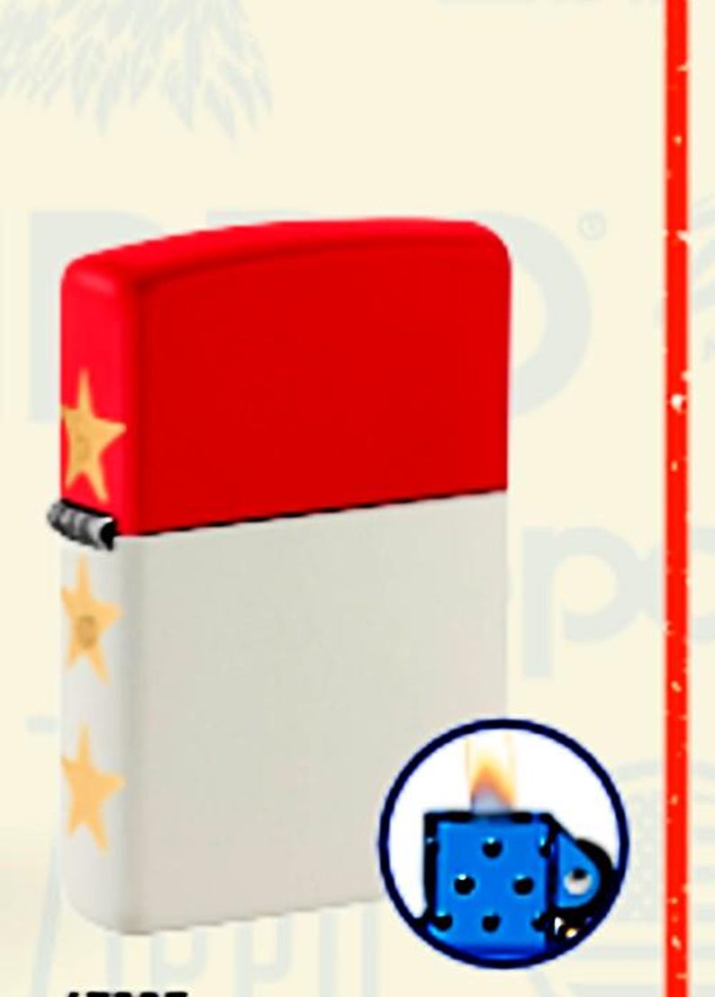 Op de afbeelding: Een rood-witte aansteker met gouden steraccenten. De bovenkant van de aansteker is rood en de onderkant is wit. Gouden sterren staan ​​op de zijkant. Een kleine blauwe cirkel met een aansteker-afbeelding staat in de rechter benedenhoek.