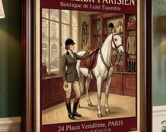 Vintage French Equestrian Poster, Parisian Boutique Wall Art, Horse Rider Decor