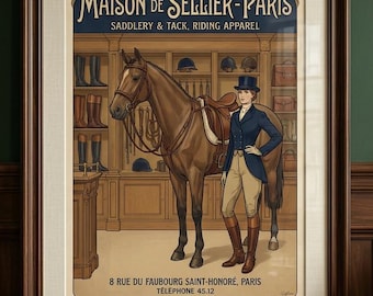 May include: Framed vintage equestrian advertisement for "Maison de Sellier-Paris," featuring a horse, rider, and tack shop display. The artwork is in a dark wooden frame, with a smaller framed horse print to the right. The color palette includes browns, blues, and creams.
