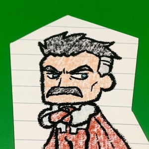 May include: A hand-drawn illustration of a cartoon superhero with a red cape, white shirt, and red pants. The superhero has a mustache and a serious expression. The drawing is on a piece of lined paper with the words "Rainbow Sushi Square" written below.