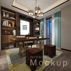 Frame Mockup: Chinese Style Home Office in Wood Tones