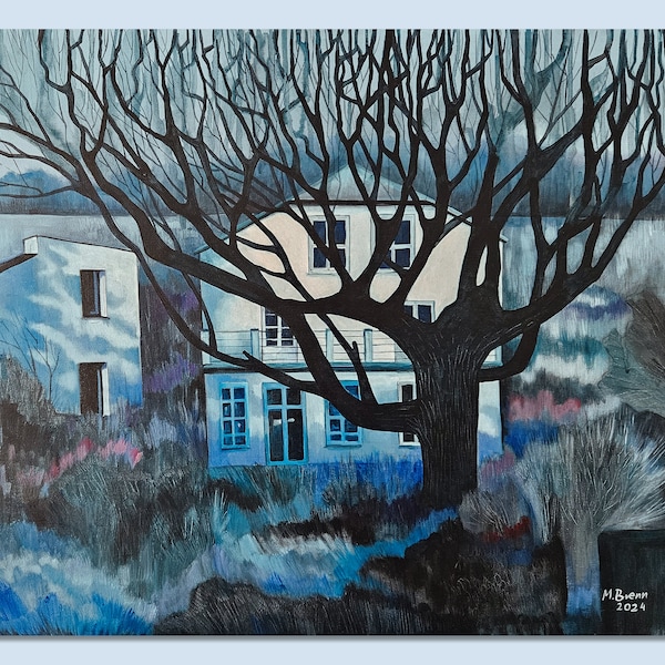 Oryginalny obraz ręcznie malowany "Stary dom, stare drzewo", obraz op een perceel van 70x60 cm poziom.