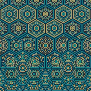 May include: A repeating geometric pattern featuring a tessellation of hexagons and stars in shades of teal, dark blue, and muted gold. The design consists of interconnected shapes with sharp lines and symmetrical arrangements across the entire surface.