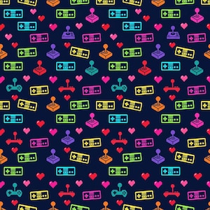 May include: A dark blue fabric pattern featuring a repeating design of colourful pixelated video game controllers, joysticks, and small hearts in shades of neon pink, yellow, green, orange, light blue, and red arranged in a grid-like layout.