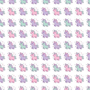 May include: A repeating pattern on a white background featuring small cartoon unicorns in alternating shades of pastel pink, purple, and mint green, each with a single horn and small star-shaped accents scattered between the figures.