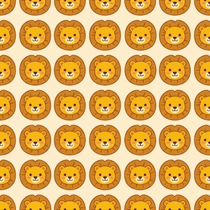 May include: A repeating pattern featuring stylised cartoon lion faces arranged in a grid. Each lion has a bright yellow face, a brown circular mane, small rounded ears, dark eyes, a tiny nose, and pink cheeks against a light cream background.