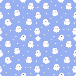 May include: A repeating pattern on a periwinkle blue background featuring small white cartoon ghosts with smiling faces and rosy cheeks, interspersed with tiny pale yellow stars scattered throughout the design in a consistent grid-like layout.