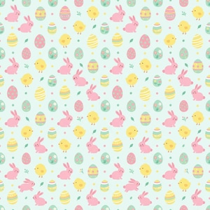 May include: A repeating pattern on a light blue background featuring pink bunnies, yellow chicks, and various Easter eggs decorated with stripes, dots, and floral motifs, interspersed with small green leaves and colorful polka dots throughout.
