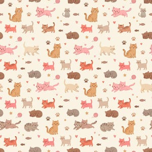Könnte beinhalten: Ein nahtloses Muster auf cremefarbenem Hintergrund mit wiederkehrenden Illustrationen kleiner Katzen in verschiedenen Posen, wie sitzend, laufend oder schlafend, durchsetzt mit kleinen rosa Herzen, Sternen, Wollknäueln, Fischen und Pfotenabdrücken.