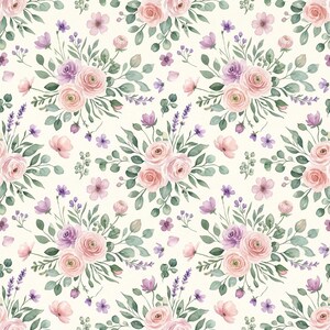 May include: A repeating pattern on a cream background featuring watercolor illustrations of pink and purple roses, small lavender sprigs, and green eucalyptus leaves arranged in symmetrical floral bouquets throughout the design.