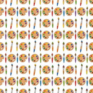 May include: A repeating pattern on a white background featuring brown wooden paint palettes with colorful paint circles and various paintbrushes with different colored bristles including red, blue, green, yellow, orange, and purple.