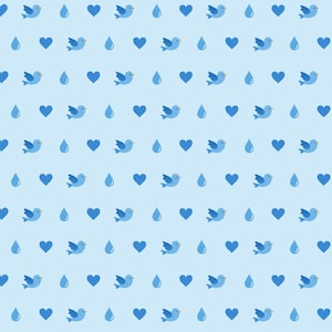 May include: A light blue background featuring a repeating pattern of small blue birds in flight, solid blue hearts, and blue water droplets arranged in alternating rows across the entire surface of the fabric or paper material.