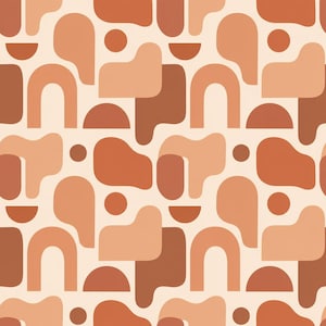 May include: A repeating pattern featuring abstract shapes in shades of terracotta, peach, and cream. The design consists of solid arches, semi-circles, circles, and irregular organic forms arranged in a balanced, geometric, and rhythmic layout.
