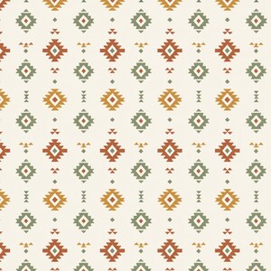 May include: A repeating pattern on a cream background featuring rows of geometric diamond shapes in alternating colors of terracotta, sage green, and mustard yellow, interspersed with small triangles and diamond dots throughout the design.