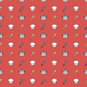 May include: A repeating pattern on a red background featuring white chef hats, grey cooking pots with lids, wooden spoons, and grey wire whisks. The icons are arranged in a grid, creating a consistent culinary-themed design across the surface.