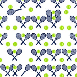 May include: A repeating pattern on a white background featuring dark blue tennis rackets and bright lime green tennis balls. The design displays individual rackets and pairs of crossed rackets arranged in a grid-like layout across the surface.