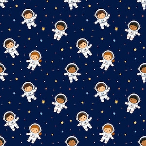 May include: A seamless pattern featuring cartoon astronauts in white space suits floating against a dark navy blue background. The design includes small yellow and light blue stars scattered throughout, creating a space-themed motif.