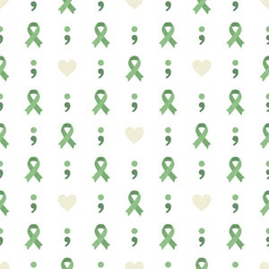 May include: A repeating pattern on a white background featuring light green awareness ribbons, dark green semicolons, and pale cream-coloured hearts arranged in a grid-like layout across the entire surface of the fabric or material.