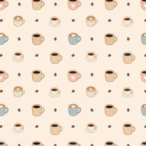 May include: A repeating pattern on a light beige background featuring various coffee mugs in shades of pink, blue, and speckled tan. Some mugs contain latte art or heart designs, while others are plain. Small brown coffee beans are scattered throughout.