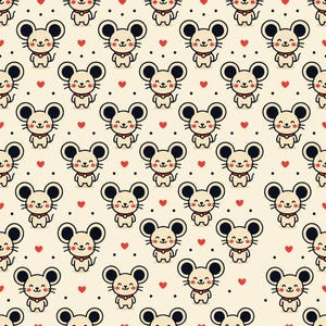 May include: A repeating pattern on a light cream background featuring small, smiling cartoon mice with large round ears, pink cheeks, and red collars, interspersed with tiny black polka dots and small red hearts arranged in a grid-like layout.