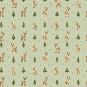 May include: A repeating pattern on a light sage green background featuring brown deer with white spots and small dark green pine trees. The deer are depicted in a standing position, and the design includes small tufts of grass scattered throughout.
