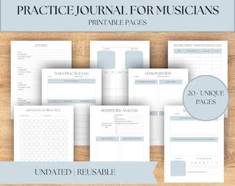 May include: Printable practice journal pages for musicians. The pages include sections for etudes, scales, pieces, daily practice log, lesson review, instrument maintenance log, 100 days of practice, repertoire analysis, and a weekly schedule. The pages are undated and reusable.