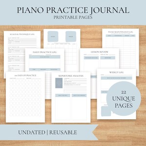 Peut inclure: Une collection de pages de journal de pratique du piano imprimables en blanc avec des accents bleu clair. Les pages incluent des en-têtes tels que Scales & Technique Log, Daily Practice Log, 100 Days of Practice, Repertoire Analysis, Lesson Review et Weekly Log.