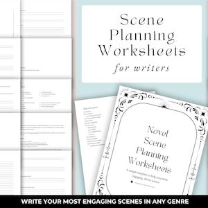 Può includere: Una raccolta di fogli di lavoro per la pianificazione delle scene per scrittori su carta bianca con testo nero e bordi decorativi. La copertina mostra il titolo Novel Scene Planning Worksheets con un sommario e varie sezioni a righe.