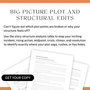 Big Picture Plot And Structural Edits. Can't figure out which plot points are broken or why your structure feels off? Use the story structure analysis table to map your inciting incident, rising action, midpoint, crisis, climax, and resolution to identify exactly where your plot sags, rushes, or has holes.