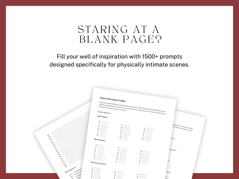 STARING AT A BLANK PAGE? Fill your well of inspiration with 1500+ prompts designed specifically for physically intimate scenes.