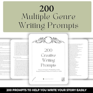 Könnte beinhalten: Ein Schwarzweißbild eines Buchcovers mit dem Titel "200 Creative Writing Prompts". Das Cover zeigt einen dekorativen Rahmen mit einem floralen Design. Das Buch soll Autoren beim Erstellen von Geschichten helfen.