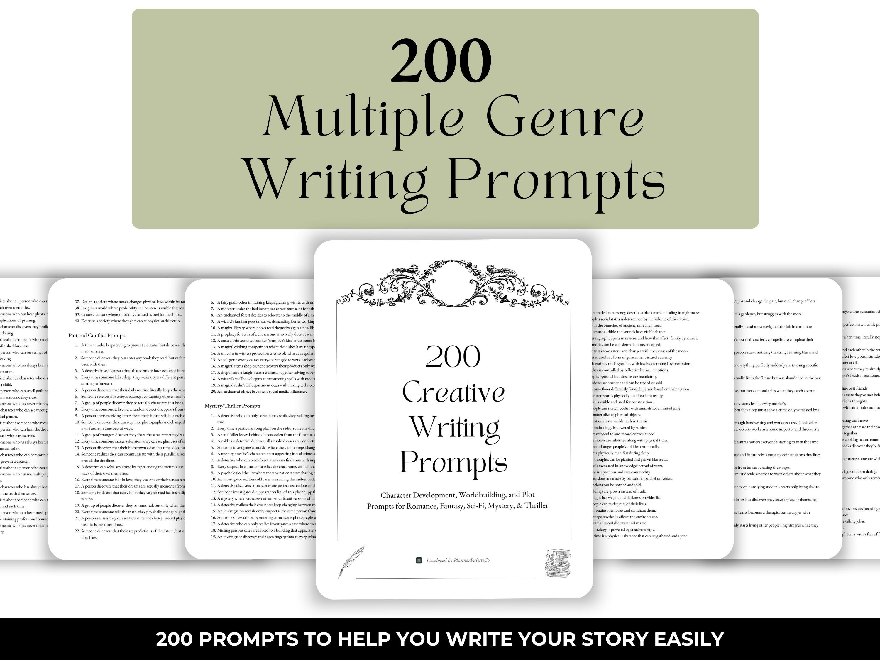 200 Multiple Genre Creative Writing Prompts | Printer-Friendly | Story Starter Ideas | Write Your Book Guide | Digital & Printable