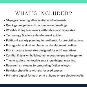 what’s included? 51-pages covering all essential sci-fi elements.
Quick genre guide with recommended readings.
World-building framework.
Technology & science development guides.
Politics & society planning for authentic future civilisations.
character development profiles.
Plot structure templates designed for sci-fi narratives.
Conflict & tension building techniques unique to the genre.
Theme exploration.
Research strategies for grounding fiction in logic.
Revision checklists.