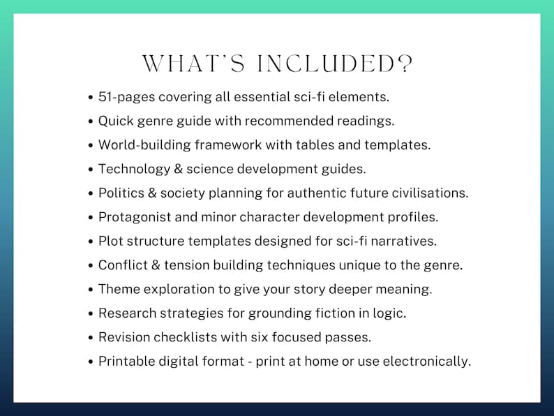 what’s included? 51-pages covering all essential sci-fi elements.
Quick genre guide with recommended readings.
World-building framework.
Technology & science development guides.
Politics & society planning for authentic future civilisations.
character development profiles.
Plot structure templates designed for sci-fi narratives.
Conflict & tension building techniques unique to the genre.
Theme exploration.
Research strategies for grounding fiction in logic.
Revision checklists.